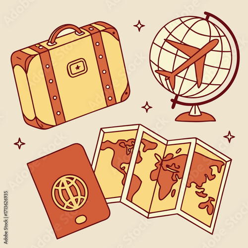 Travel Icon Illustration Suitcase, Globe, Passport, and World Map