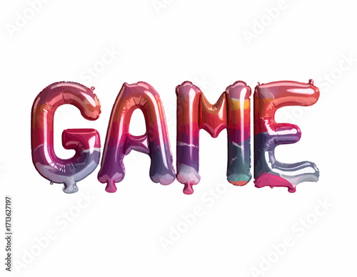 Colorful, multi-colored, inflated balloon letters spelling out the word "GAME" isolated on transparent background.