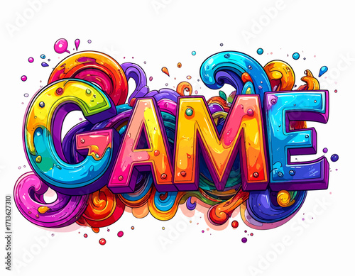 Colorful, vibrant, and artistic illustration of the word "GAME" with a graffiti-style design isolated on transparent background.