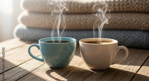Two steaming cups of coffee on a wooden table with cozy blankets.
