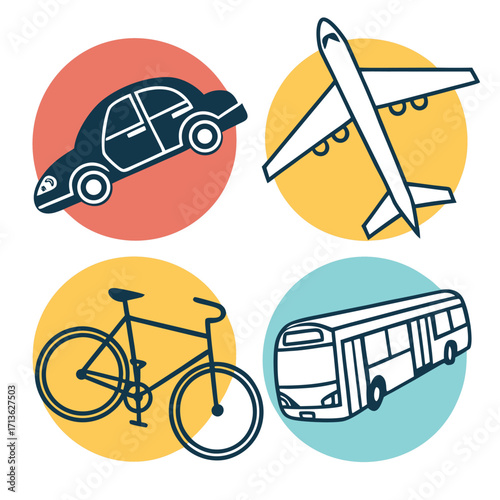 Car, plane, bike, and bus in colored circles for a travel website