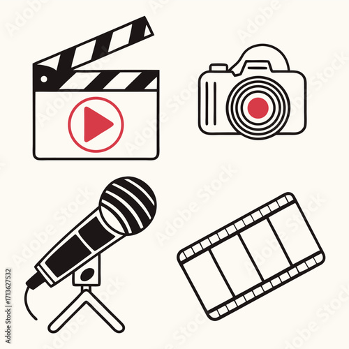 Video & Audio Content Creation Line Art Icons Set