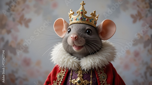 Happy rich king rat doll wearing crown, richly dressed