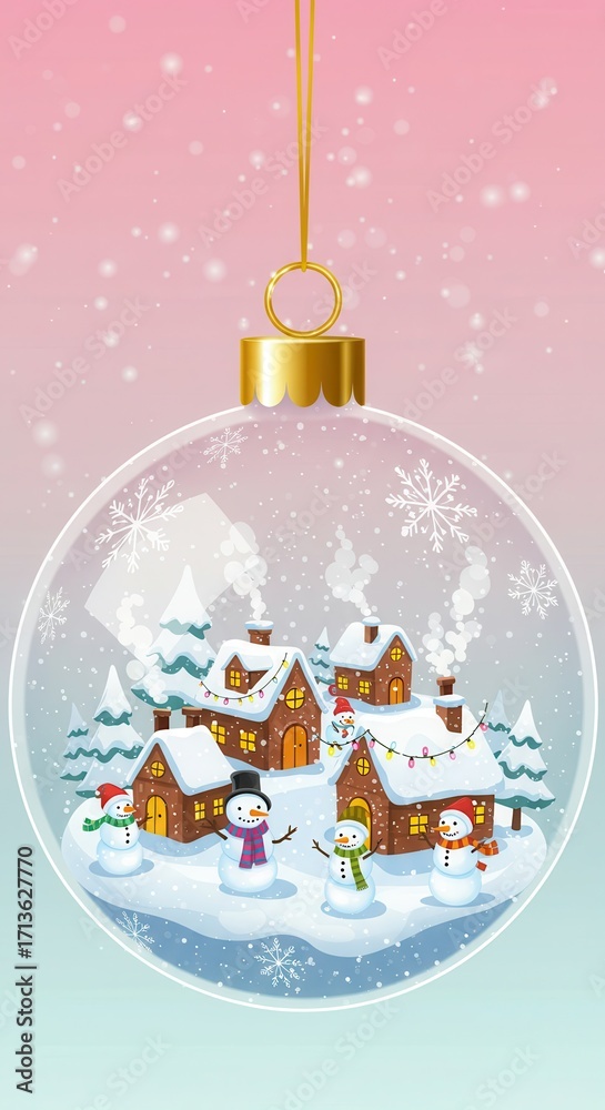 custom made wallpaper toronto digitalA charming winter village nestled inside a crystal ball ornament, featuring snowmen and cozy houses, is displayed against a soft pink and teal gradient background.
