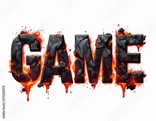 Fiery volcanic rock letters spell out the word "GAME," suggesting intense competition or a powerful gaming experience isolated on transparent background.