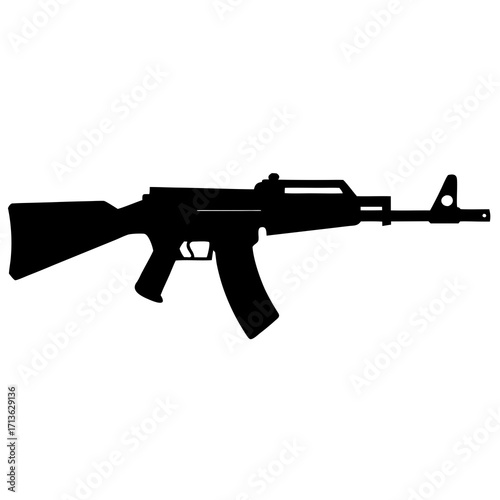 Black silhouette of an assault rifle on a white background symbolizing military power and conflict