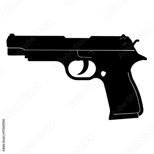 Black silhouette of a modern semi automatic pistol isolated on a white background