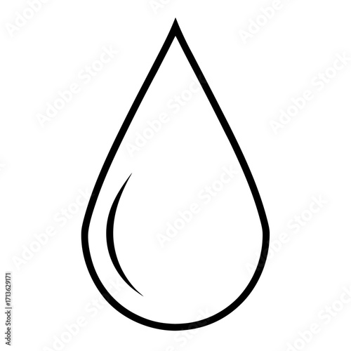 Simple black outline of a single water droplet with a curved highlight on a white background