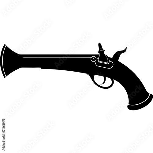 Silhouette of an antique flintlock pistol with a flared muzzle and ornate details