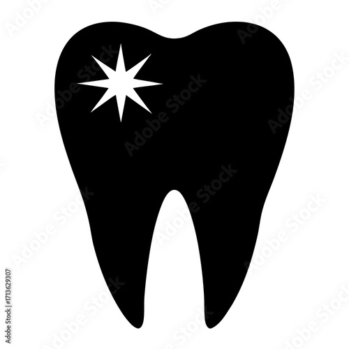 Simple black silhouette of a healthy sparkling tooth with a starburst glint on a white background