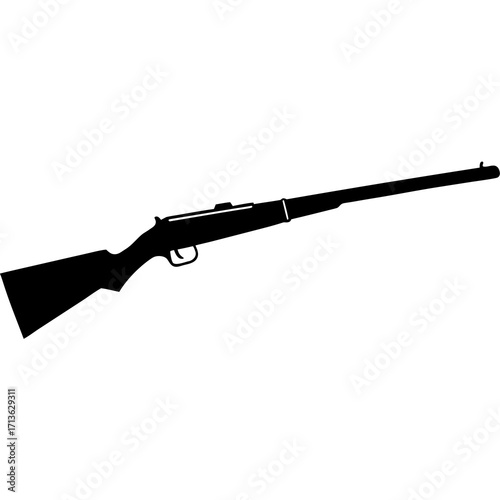 Black silhouette of a long rifle with a wooden stock and barrel on a white background