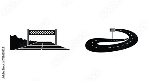 Black and white illustration of a racing track and finish line