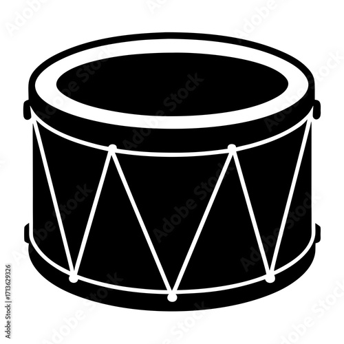 Simple black silhouette of a classic drum with white laces and hoops