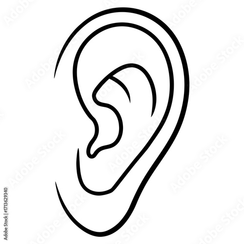 Simple outline drawing of a human ear on a white background representing hearing and listening