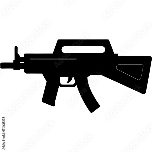 Silhouette of a modern assault rifle with a carrying handle and magazine isolated on a white background