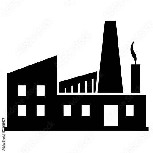 Simple silhouette of a modern factory building with a tall smokestack and smoke