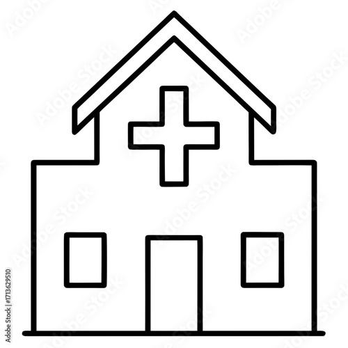 Simple line art icon of a hospital building with a cross symbol on its facade