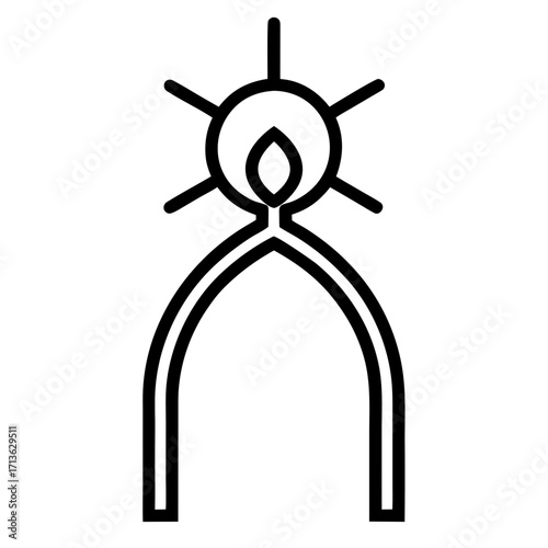 Abstract symbol representing a figure with a halo and radiating sun rays above an arched gateway