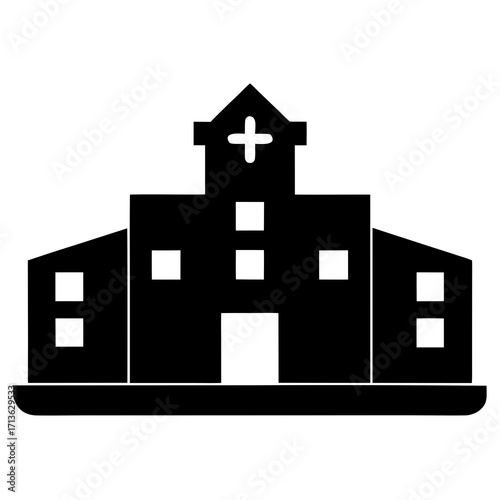 Simple black silhouette icon of a hospital building with a cross symbol on top