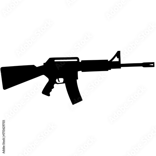 Silhouette of an assault rifle with a magazine and iron sights on a white background