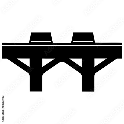 Black silhouette of a highway overpass with two lanes and supporting pillars on a white background