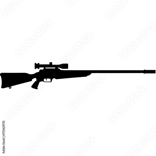 Silhouette of a modern sniper rifle with a telescopic scope isolated on a white background