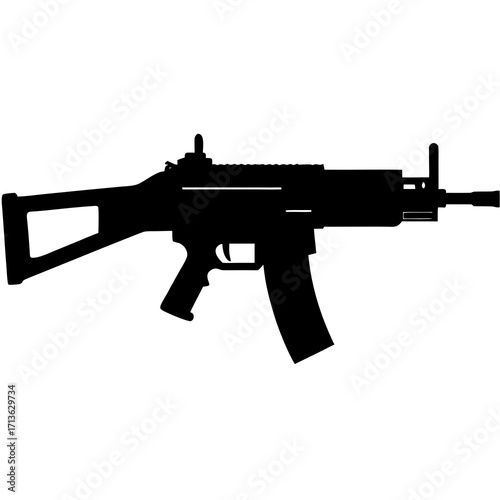 Black silhouette of a modern assault rifle with a skeleton stock and curved magazine on a white background