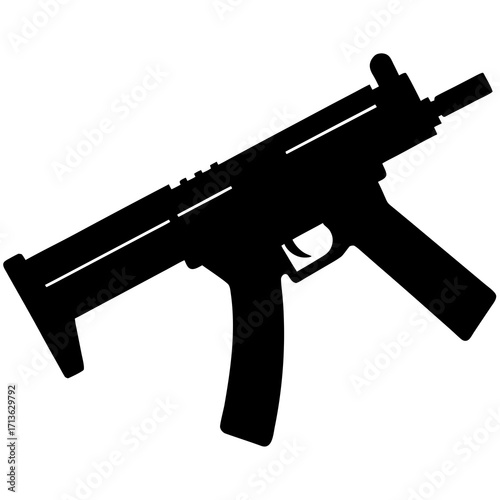 Black silhouette of a compact submachine gun with a magazine and stock on a white background