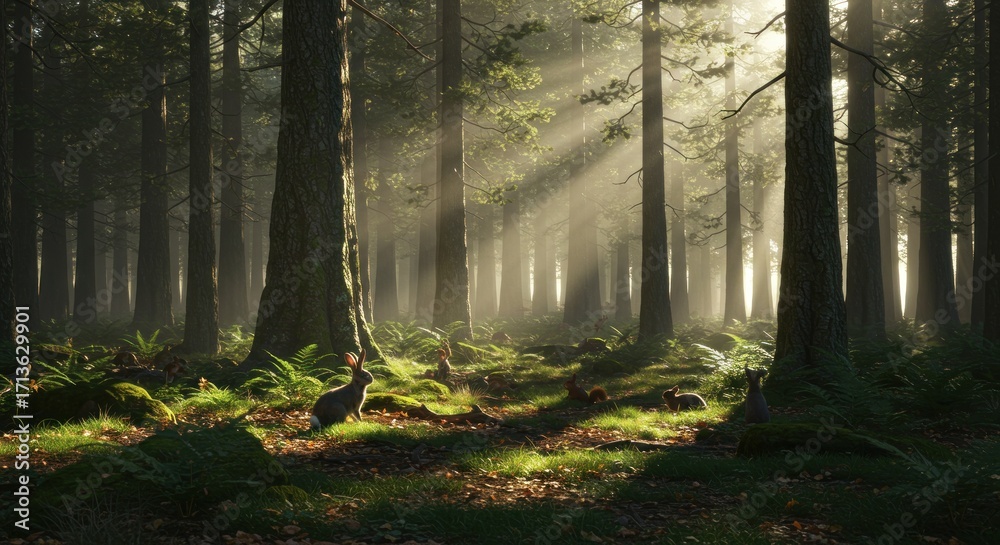 Obraz premium Forest scene with rabbits and sunbeams filtering through tall dense trees
