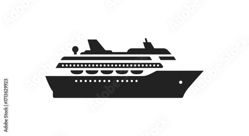 Simple black silhouette of a large cruise ship on a white background
