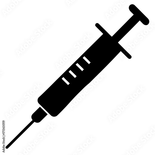 Black silhouette of a medical syringe with a needle on a white background