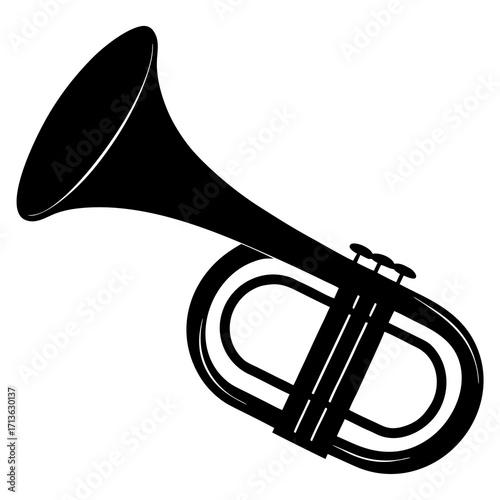 Black silhouette of a brass instrument with a bell and valves on a white background
