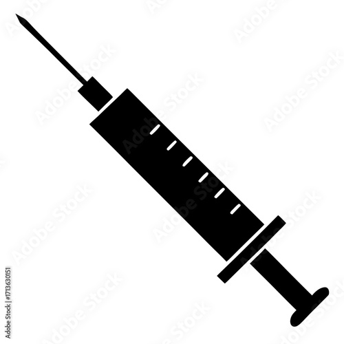 Simple black silhouette of a medical syringe with a needle pointing upwards on a white background
