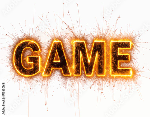 The word "GAME" is displayed with a fiery, glowing effect and spark-like trails emanating outwards isolated on transparent background.