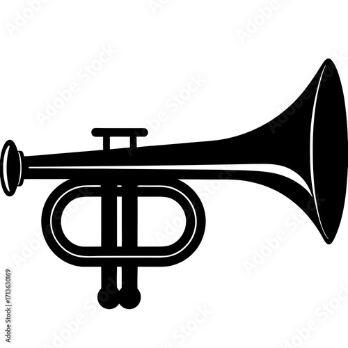 Simple black silhouette of a brass trumpet with valves and a flared bell on a white background
