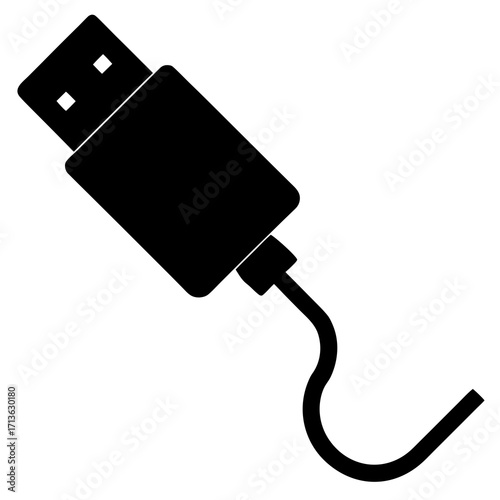 Black silhouette of a usb cable with a connector and a curved cord on a white background