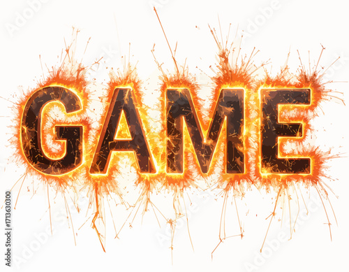 The word "GAME" is displayed with a fiery, sparkling effect, suggesting excitement and energy isolated on transparent background.