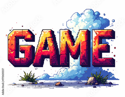 Pixelated graphic of the word "GAME" with a stylized volcanic eruption background isolated on transparent background.