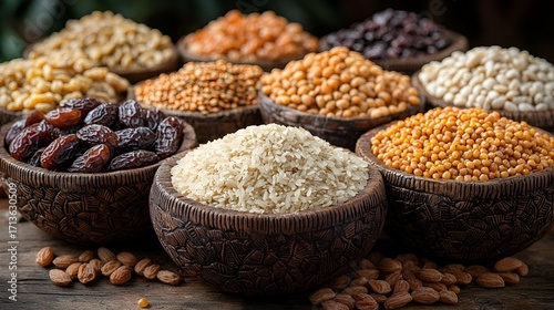 Variety of dried legumes and grains in bowls