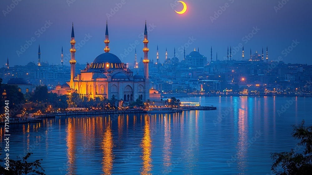 Fototapeta premium Istanbul Mosque at Twilight, Crescent Moon