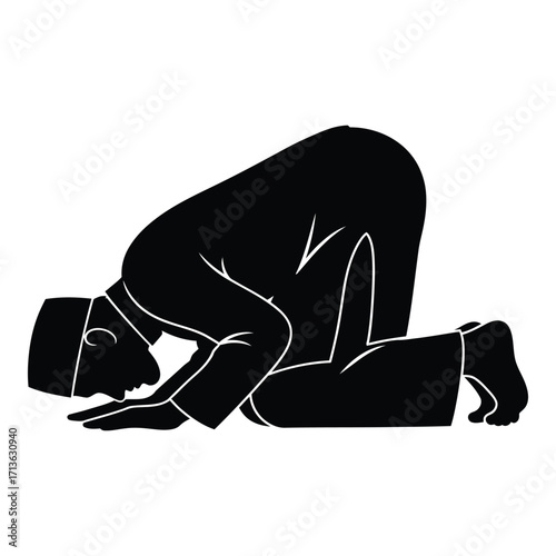 Muslim man praying prostrating in submission to god islamic faith worship