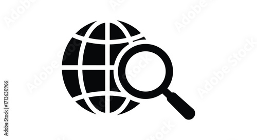 Globe with magnifying glass representing global search and information access