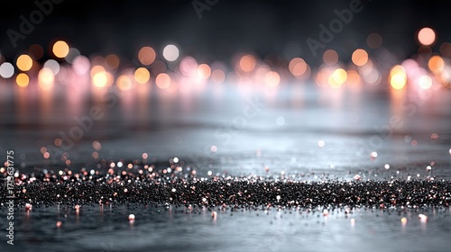Black Glitter Sparkling on Reflective Surface with Bokeh Lights Background Abstract Still Life Illustration, Celebratory Atmosphere, Illuminated Backdrop, Luxury and Festive
