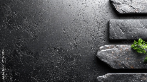 Black Grunge Textured Wall Dark Background with Stone Tiles and Parsley Accent