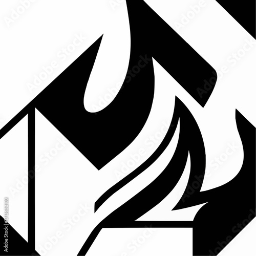 This is an abstract, high-contrast graphic composed of overlapping and interlocking black and white shapes. The design features a blend of sharp, geometric angles and flowing, curved lines.