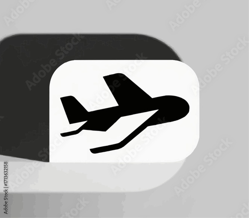 This is a simple graphic featuring a black silhouette of an airplane on a white square with rounded corners. The plane is stylized, appearing to be in flight. The white square is positione