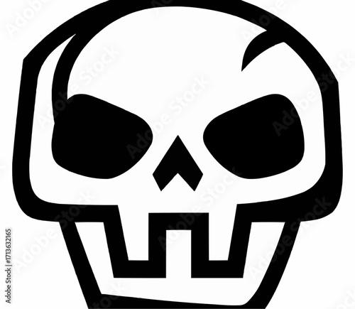 This is a high-contrast, black and white graphic illustration of a stylized human skull. The design is bold, featuring thick black outlines and solid black shapes for the eye sockets and nasal opening