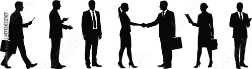 Business people silhouettes standing, walking, talking, shaking hands, holding documents, communicating, working together, corporate teamwork