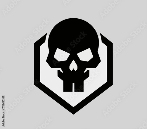 This is a stark graphic featuring a stylized skull in solid black. The skull has an angular, aggressive look and is centered within a black hexagonal frame that has a white inner border. 
