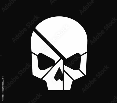 This is a striking, minimalist graphic of a human skull rendered in solid white against a black background. The skull is stylized and segmented by angular black lines, giving it a fragment